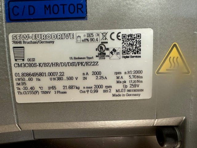 SEW - EURODRIVE CM3C0S - K/BZ/HR/DI/DSI/PK/EZ2Z SYNCHRONOUS SERVO MOTOR 2000 RPM - Second Life - Equipment - collection_name