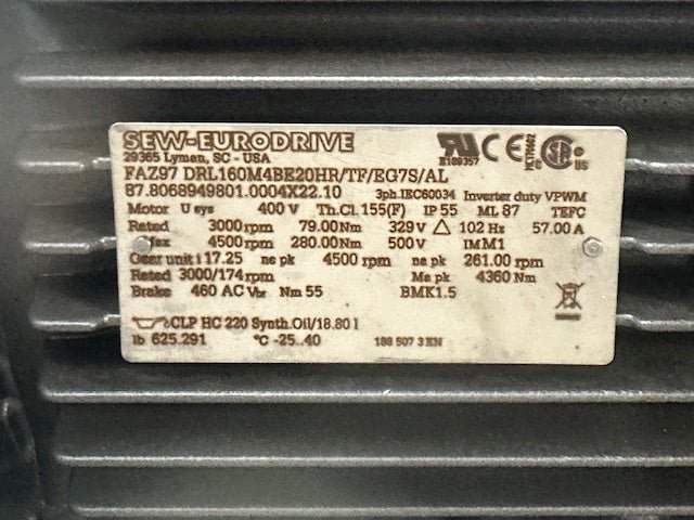 SEW - EURODRIVE FAZ97 DRL160M4BE20HR/TF/EG7S/AL PARALLEL SHAFT HELICAL GEARMOTOR - Second Life - Equipment - collection_name