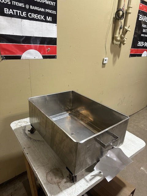 STAINLESS STEEL GREASE TRAP PAN ON LOCKABLE CASTERS PULL OUT DRAWER WITH HANDLES AND RELEASE VALVE - Bargains R Ours - #collection_name#