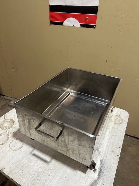 STAINLESS STEEL GREASE TRAP PAN ON LOCKABLE CASTERS PULL OUT DRAWER WITH HANDLES AND RELEASE VALVE - Bargains R Ours - #collection_name#