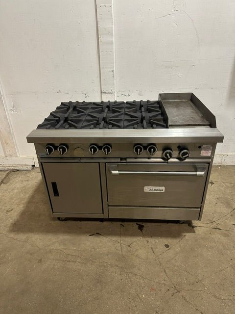 "US RANGE U48-6G12RS" N GAS 48" 6 BURNER RANGE W/ 12" GRIDDLE, OVEN AND CABINET BASE - Second Life-Equipment-#collection_name#