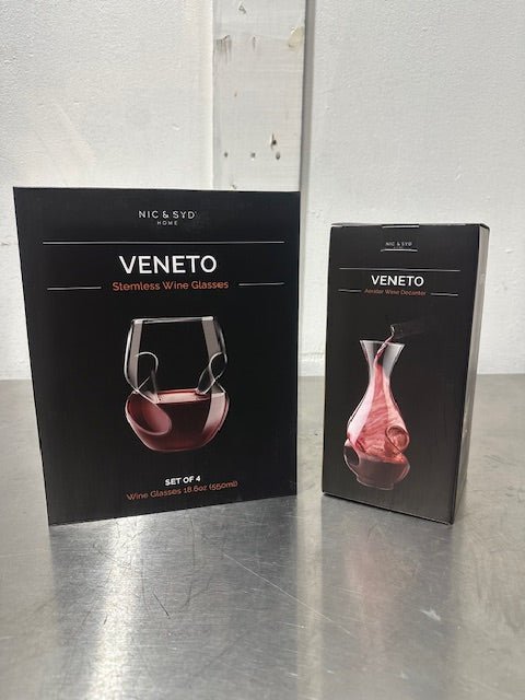 VENETO SET OF 4 STEMLESS WINE GLASSES WITH VENETO AERATOR WINE DECANTER, NEW - Second Life - Equipment - collection_name