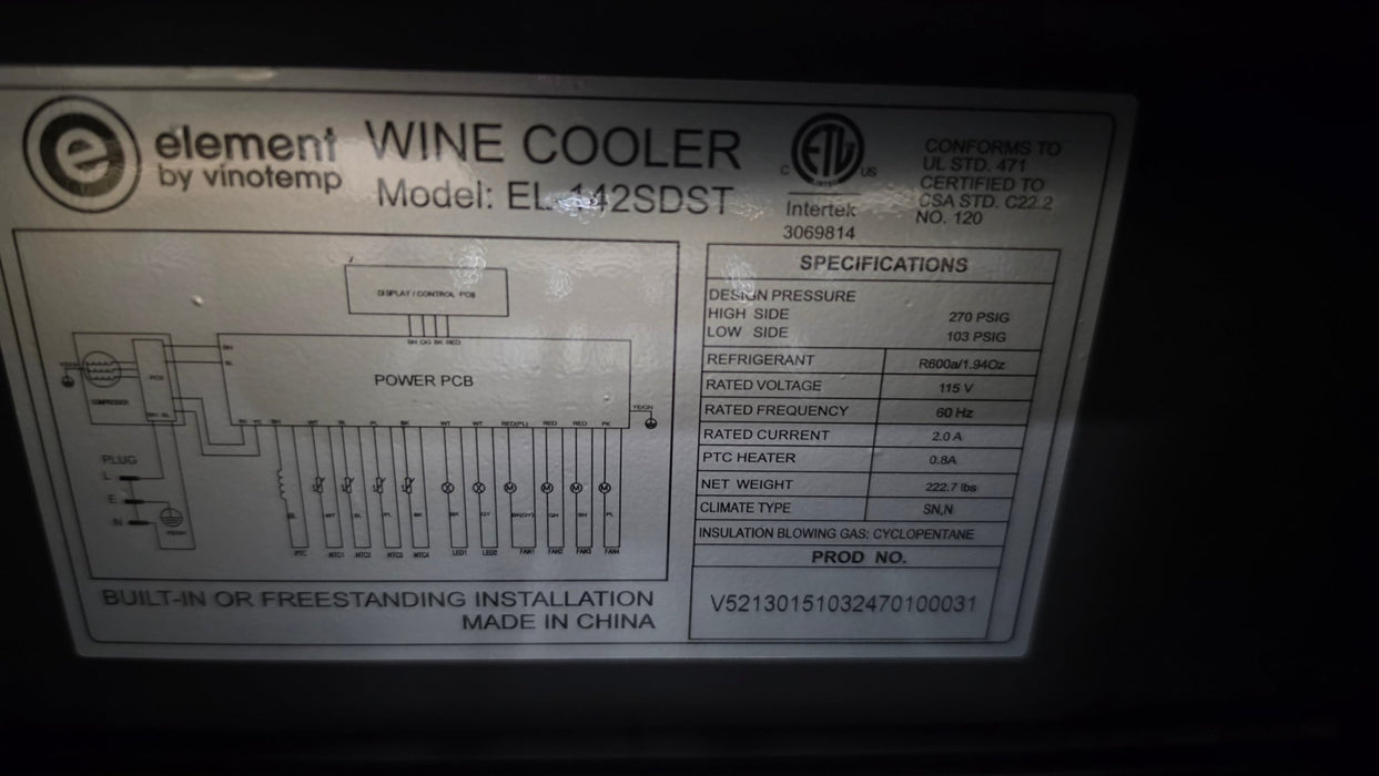 "VINOTEMP EL-142SDST" COMMERCIAL 155- BOTTLE DUAL ZONE LIGHTED WINE COOLER ,1PH - Second Life-Equipment-#collection_name#