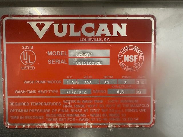 VULCAN 3D20TF COMMERCIAL ELECTRIC HIGH TEMP LEFT - RIGHT DOOR TYPE DISHWASHER,3PH - Second Life - Equipment - collection_name