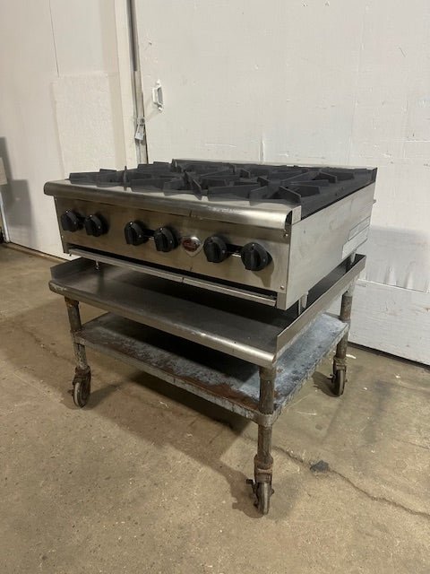 "WELLS HDHP3630G" H.D COMMERCIAL GAS HOT PLATE WITH 6 BURNERS ON CART - Second Life - Equipment - collection_name