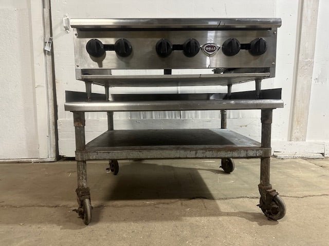 "WELLS HDHP3630G" H.D COMMERCIAL GAS HOT PLATE WITH 6 BURNERS ON CART - Second Life - Equipment - collection_name