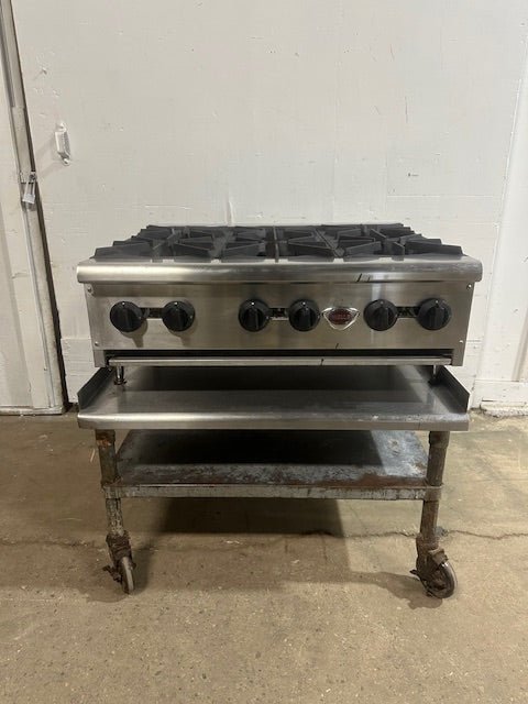 "WELLS HDHP3630G" H.D COMMERCIAL GAS HOT PLATE WITH 6 BURNERS ON CART - Second Life - Equipment - collection_name