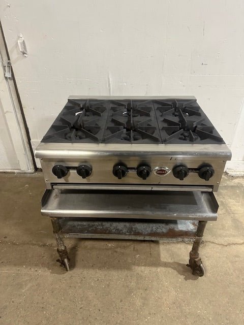 "WELLS HDHP3630G" H.D COMMERCIAL GAS HOT PLATE WITH 6 BURNERS ON CART - Second Life - Equipment - collection_name